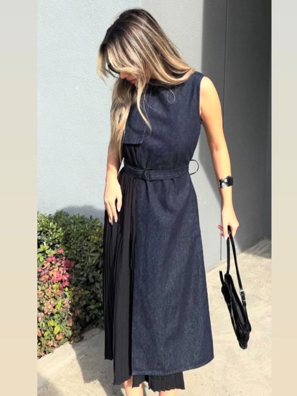 Zara Denim Combination Dress Size XS Midi Asymmetrical Pleated Classic Career